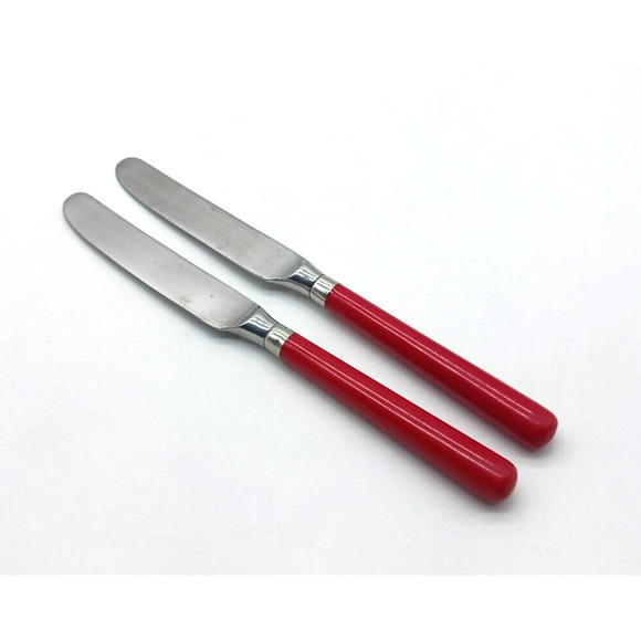 Set of 2 Stanley Roberts Spectrum Dinner Knife Knives Red Plastic Handle Korea - Picture 1 of 5